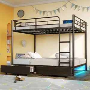 Metal Bunk Bed Full Over Full  USB Charging Station, LED Bunk Bed  2 Storage Drawers, Bed  Safety Guardrail & Ladders, No Box Spring Needed, Easy Assembly with Kids Plush Rocking Horse Chair