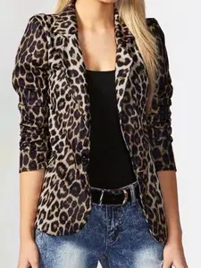 Women's Leopard Print Button Coat, Casual Fitted Long Sleeve Lapel Outerwear for Fall & Winter, Ladies Clothes for Daily Wear