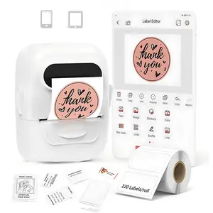 Thermal label printer, with a compact design, suitable for accessories, names, clothes, and document labels. Customizable output is available.