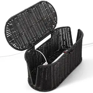 Handwoven Rattan Style  Management Box, Cord Organizer with Outlet Covers, Cord Hider Box for Power Strips,  Tidy Box for Desk, Floor and  Organization