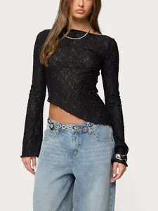 Asymmetric Sequined Transparent Lace Top, Short Sleeve Blouse, Y2K Trendy Casual Shirt, Slim-Fitting, All Seasons, Plain Pattern