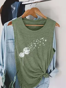 Women's Dandelion Print Round Neck Tank Top, Vest Top, Casual Breathable Sleeveless Top for Daily Wear, Ladies Clothes for All Seasons