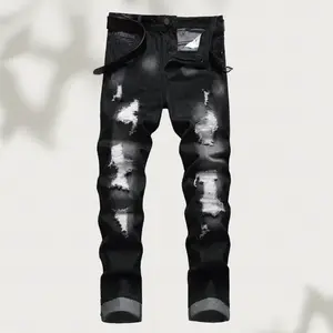 Men's  jeans, retro casual slim-fit trousers, black  men's jeans, men's street jeans, men's jeans,  denim skinny jeans, slim-fitting black worn men's pants, suitable for all seasons pocket denim jean jun  bao  ss  jeans Skinny Jeans with Zippers straight