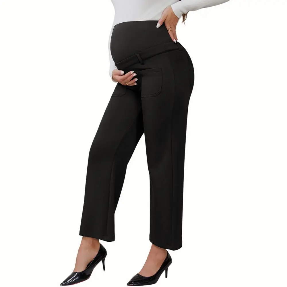 INSPIRE CHIC Women's Work Maternity Pants Business Stretchy Over the Belly Formal Pregnancy Trousers with Pockets Small Black