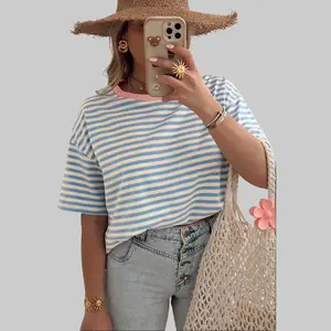 Sky Blue Stripe Contrast Crew Neck Drop Shoulder Loose Tee - Striped T-Shirt with Relaxed Fit and Comfortable Design