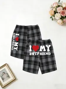 Trending Couple Matching Plaid Pajama Shorts "I ❤️ My Boyfriend/Girlfriend" Soft Breathable Cotton Loungewear Casual Comfy Sleepwear Cute Graphic Print Nightwear Cozy PJs for Him Her Romantic Valentines Gift for Boyfriend Girlfriend Homewear Loungewear