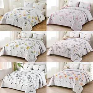 Floral Quilt Set Queen / King Size Bedspread Coverlet Botanical 3 Pieces Summer Microfiber Lightweight Soft Reversible Bed Cover sets for All Season