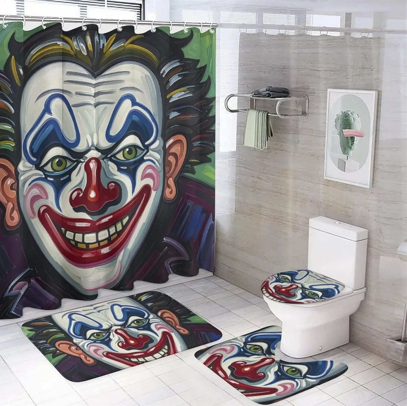 4 Pcs Pink Horror Shower Curtain Set with Rugs,Halloween Bathroom Decor