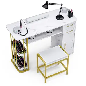 Manicure Table Nail Desk for Nail Tech, Marbling Texture Modern Nail Station with Stool & Wrist Cushion