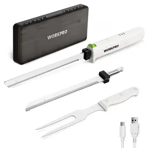 WORKPRO Electric Knife for Meat Slicing, Cordless Electric Carving Knife for Turkey, Fish & Bread, Two Stainless Steel Blades, Ergonomic Handle, Storage Case & Serving Fork Included, White