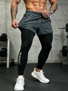 3pcs Men's Two-In-One Gym Shorts, High Elasticity Compression Leggings, Pockets, Slim-Fit, Outdoor & Indoor Workouts