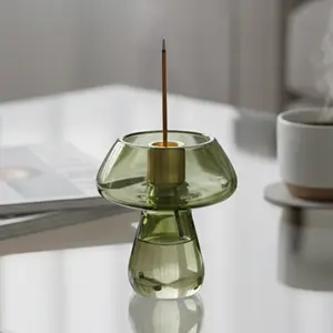 Mushroom Incense Burner Set, Handmade Glass Ashtray with 9-Hole Brass Insert, Cute Decorative Incense Stick Holder, Home Decoration, Meditation Gift, Aromatherapy Scent Diffuser