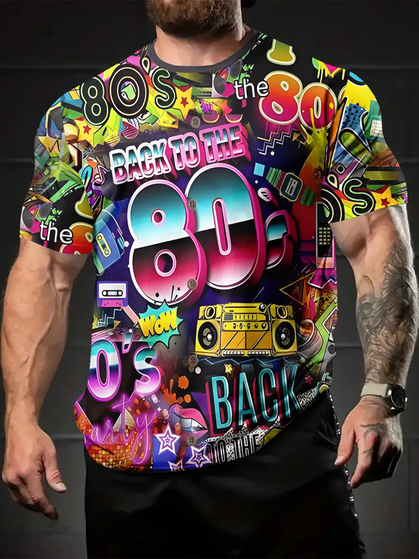 Men's 3D Digital Print Retro 80s Pattern-Shirt- Retro Cassette Tape, Speaker Box, and Neon Light Design, Breathable Crew Neck Short Sleeve Top, Summer Casual Sports Outfit, Nostalgic Fashion Comfortable Style, Men's, PLUS SIZE
