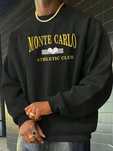 Men's Round Neck Sweatshirt, Knitted Fabric, Ribbed Design, Comfortable Versatile, Letter Pattern, Casual Fashion, Spring Fall Outdoor Wear, Knit Pullover