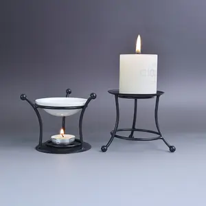 Black Metal Candle Holder & Essential Oil Burner - Ceramic Tea Light Wax Melt Warmer with Aroma Diffuser, Sturdy Iron Frame for Scented Candles, Perfect for Kitchen and Dining Decor, Tea Light Candle Holder