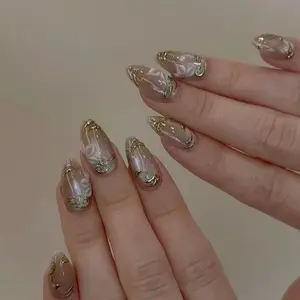 Nude Pink Cat Eye Luxury Press On Nails, 3D Gold Filigree Vine Floral Embroidery Decor, Nail Art Design, Elegant Medium-Long Almond Removable False Nails with Jelly Glue and Nail File