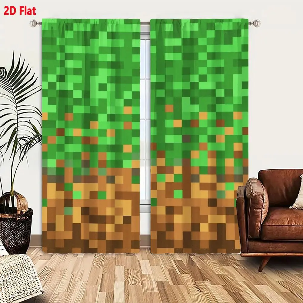 2D Flat 2 Pieces Pixel Art Minecraft Style Curtain Set, Green Foliage ...