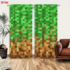 2D Flat 2 Pieces Pixel Art Minecraft Style Curtain Set, Green Foliage & Brown Earth Blocky Pattern Design, 8-Bit 16-Bit Game-Inspired Window Drapes for Bedroom Living Room Decor, Home Decoration Curtain