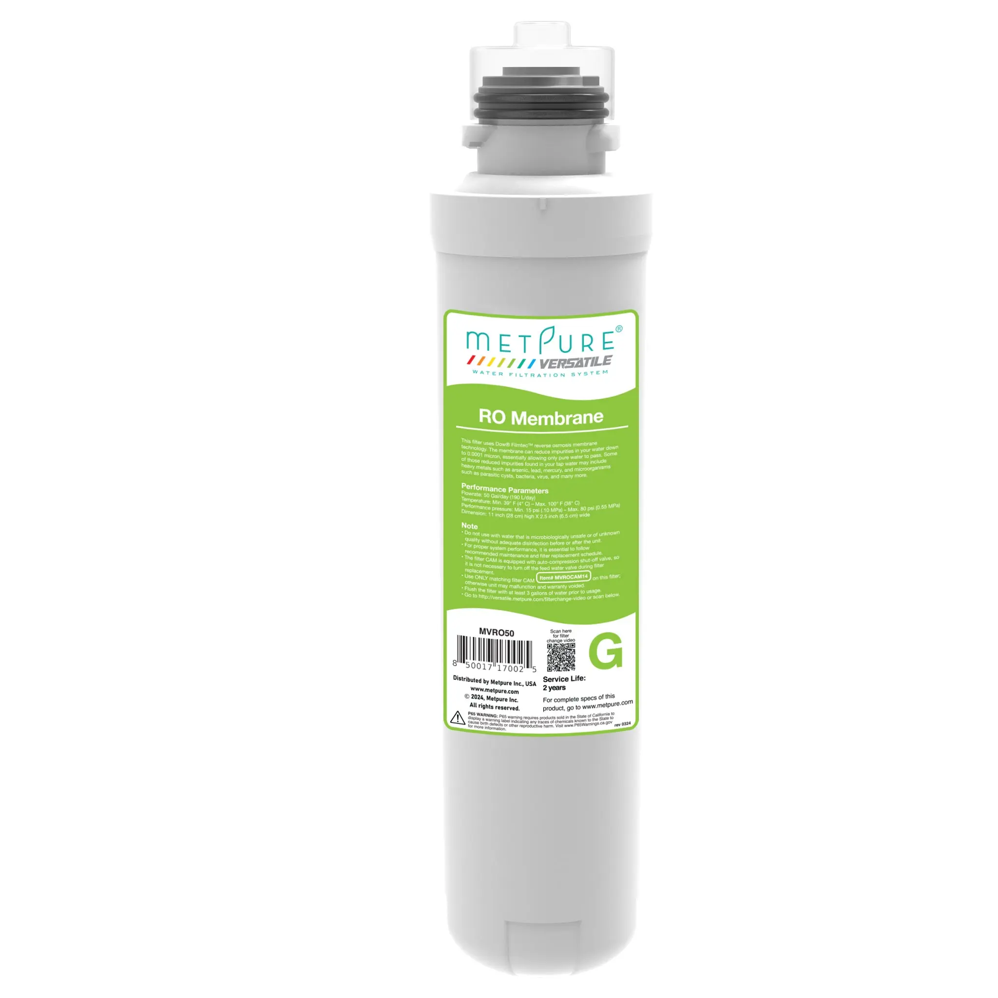 Metpure Versatile Reverse Osmosis Membrane 50GPD Filter - Green Quick Twist Filter (G), Replacement Cartridge 11" X 2.5"