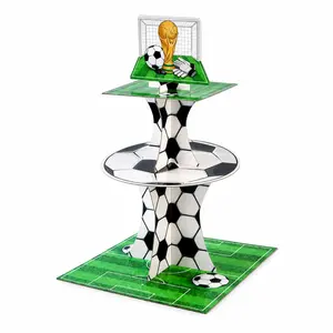 1Pc Soccer-Themed 3-Tier Cupcake Stand – Football Party Dessert Display, Pop-Up Cupcake & Cake Holder with Trophy & Goal Decorations, Kids & Adults Birthday, Sports Event Tableware