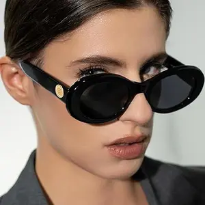 Women’s Oval Retro Sunglasses - Bold Chunky Frame with Embossed Gold Coin Temple Accents, Vintage Silhouette UV400 Protection Shades Perfect for Old Money Aesthetic and Timeless Chic Outfits