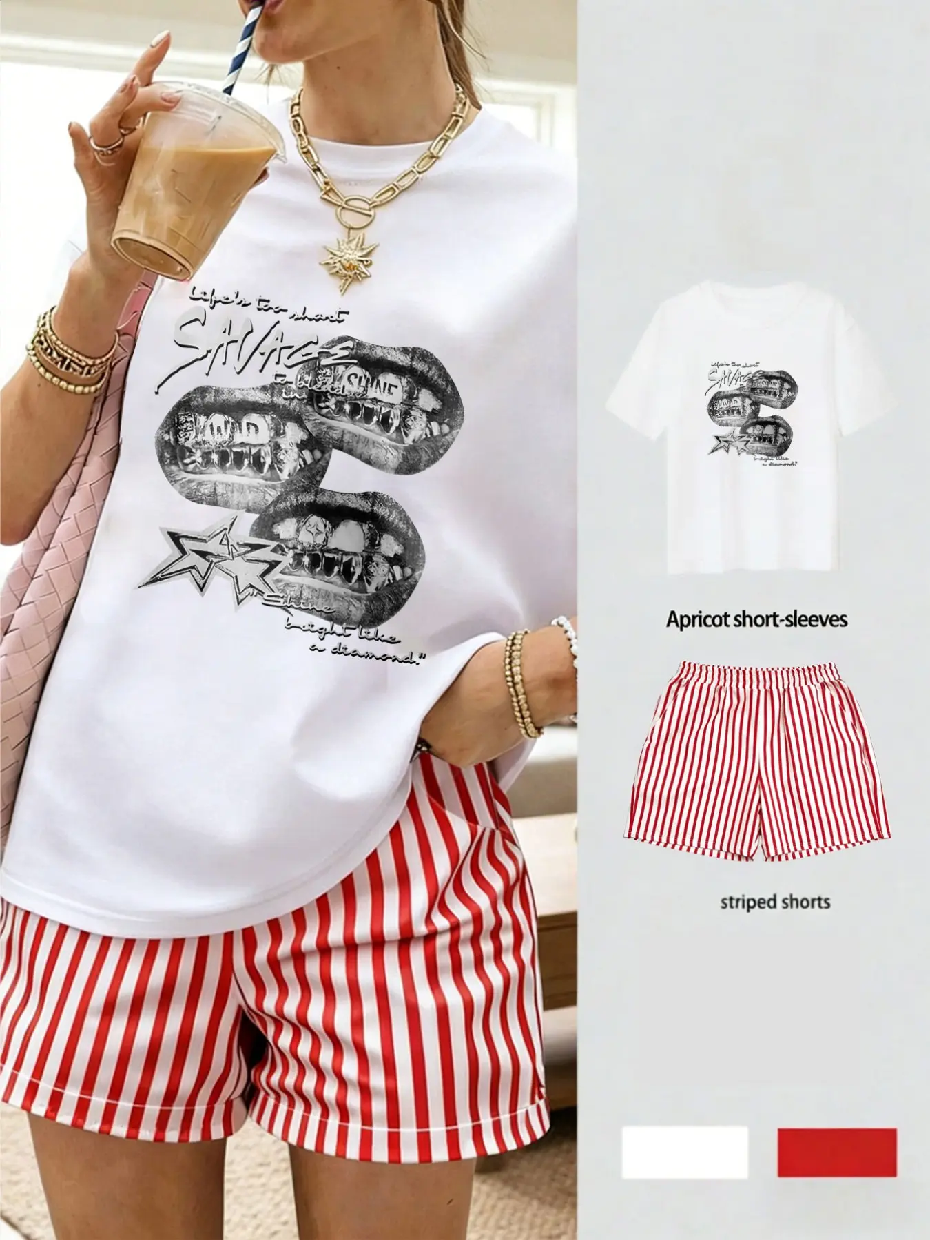 Women's Casual Everyday Wear, Short Sleeve T-Shirt and Shorts Set, Geometric Print, Loose-Fitting, Oversize, Comfortable Breathable Lightweight Fabric, Spring Summer Outfits, Top, Clothes