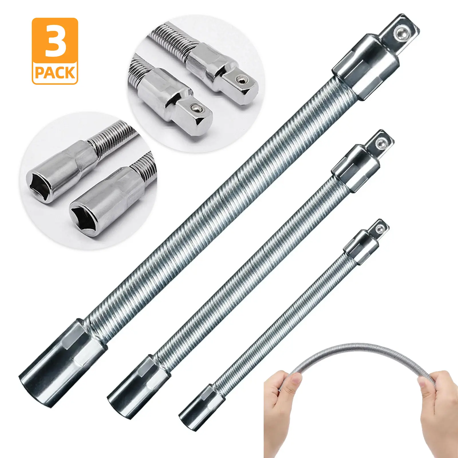 3Pcs Flexible Extension Bar Set, 1/2", 3/8", 1/4" Silver Flexible Socket Wrench Extension Drive Socket Driver Handle Loaded Detent Balls to Prevent Slipping (1/2" Dr x 10" Long, 3/8" Dr x 8" Long, 1/4" Dr x 6" Long)
