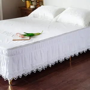 Lace Bed Skirts Wrap Around Ruffled Bed Scarf Elastic Dust with Adjustable Belts 15 Inch Drop    Size Lace Trimmed Bed Skirt (White,  (78 x 80'')-15 Inch Drop)