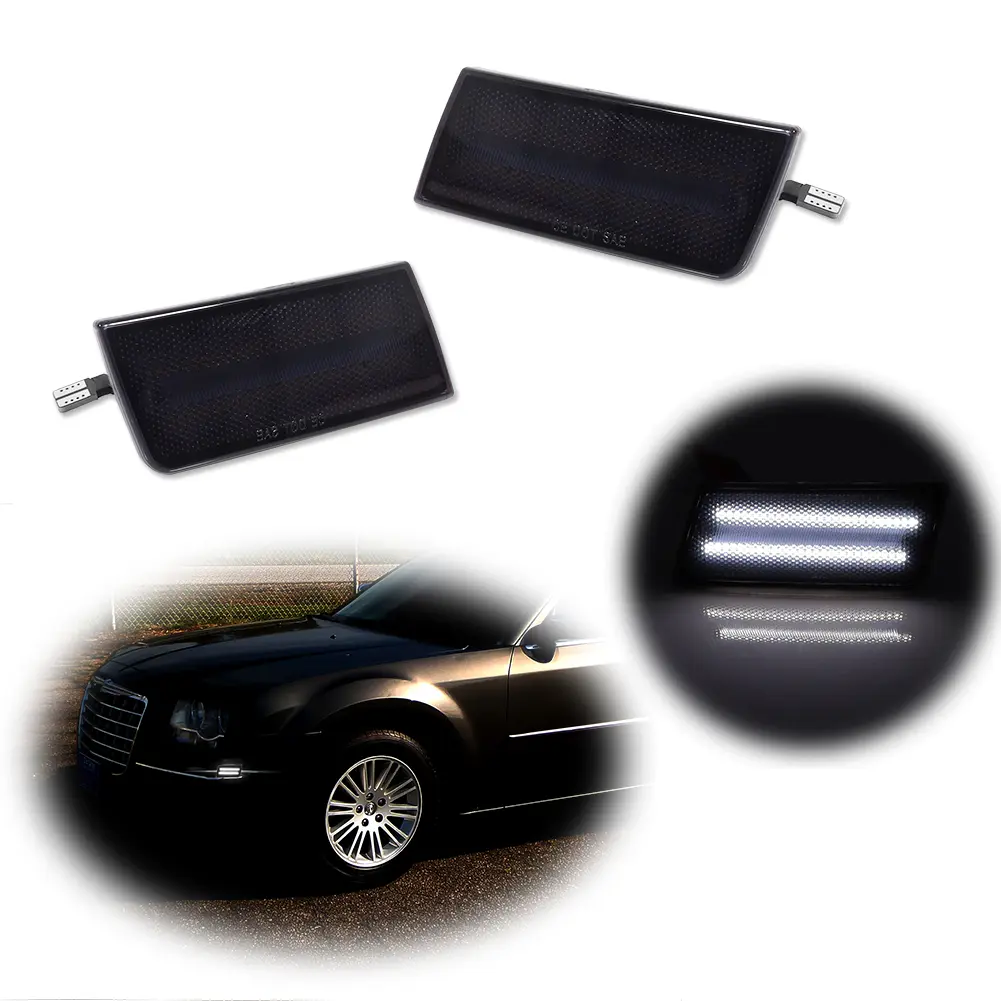 2pcs SMOKE LENS WHITE LED FRONT SIDE MARKER LAMPS LIGHTS for 2005 2006 2007 2008 2009 2010 CHRYSLER 300 300C, REPLACE OEM # 4805860AA 4805861AA