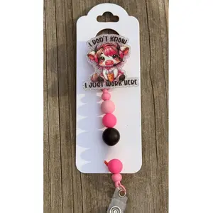 Funny Cow Badge Reel - "I Don't Know, I Just Work Here" Retractable ID Holder with Pink Beads for Nurses Teachers Office Staff & Students