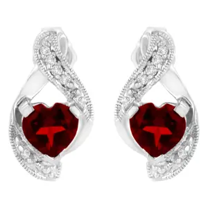 14KT White Gold 6x6mm Created Red Heart Garnet and Diamond Accent Earrings (I-J, I1-I2)