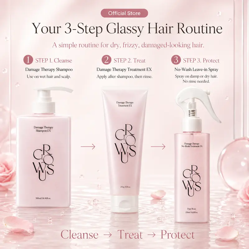 3-Step Glassy Hair Complete Routine Set for Dry, Damaged & Frizzy Hair | Marine Peptide, Ceramide, Keratin & Collagen | Shampoo + Treatment + Leave-in Spray with Heat Protection | GROWUS