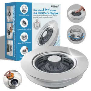 Hibbent Upgraded 3 in 1 Kitchen Sink Drain Strainer, Stainless Steel Pop Up Sink Stopper, Larger Anti-Clogging Basket, 3-Layer Seal, Detachable Drain Plug for US Standard 3-1/2" Drain, Brushed Nickel