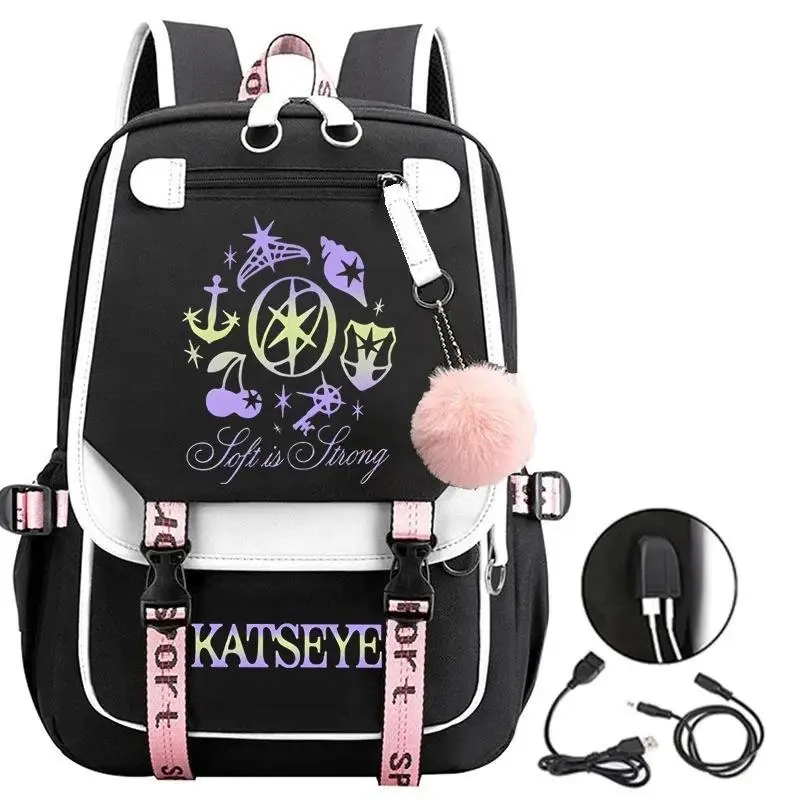 KATSEYEs Gradient Symbol Graphic Laptop Backpack Black White Contrast School Travel Daypack with USB Charging Port & Fluffy Pom Pom Charm