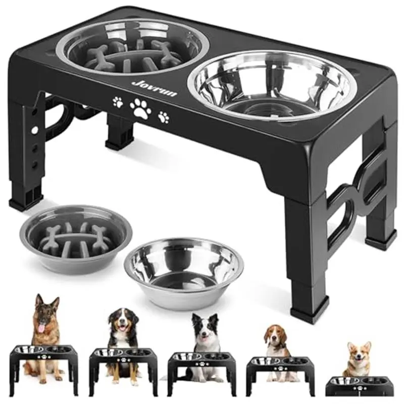 Elevated Dog Bowls for Medium Large Size Dogs, Non-Slip Dog Feeder with 1*Stainless Steel Dishes & 1*Slow Feeder Bowl, 5 Heights Adjustable Raised Bowls to 3.15″-8.66″-9.84″-11.02″-12.2″