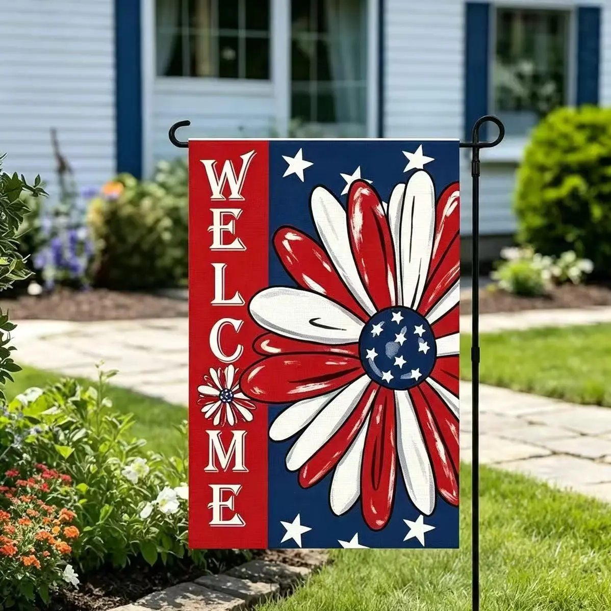 1Pc Independence Day Flower Garden Flag, 12X18 Inch Double-Sided Polyester Outdoor Courtyard Printed Flag, Multifunctional Holiday Decorative Garden Flag, Garden Accessories