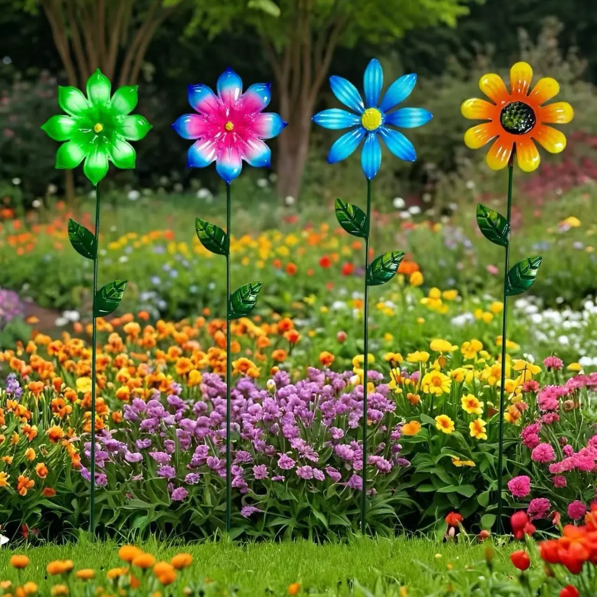 Four-Color Realistic Garden Floral Arrangements, Iron Flower Courtyard Decor, Waterproof Rust-Resistant Creative Decoration, Outdoor Lawn Patio Ornament