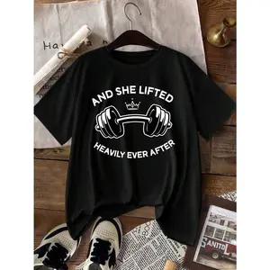 A-Women's Summer Casual & Stylish Fitness T-Shirt — Crown & Dumbbell Print, Slim-Fit, Short-Sleeve Pullover — A Trendy Fitness Top