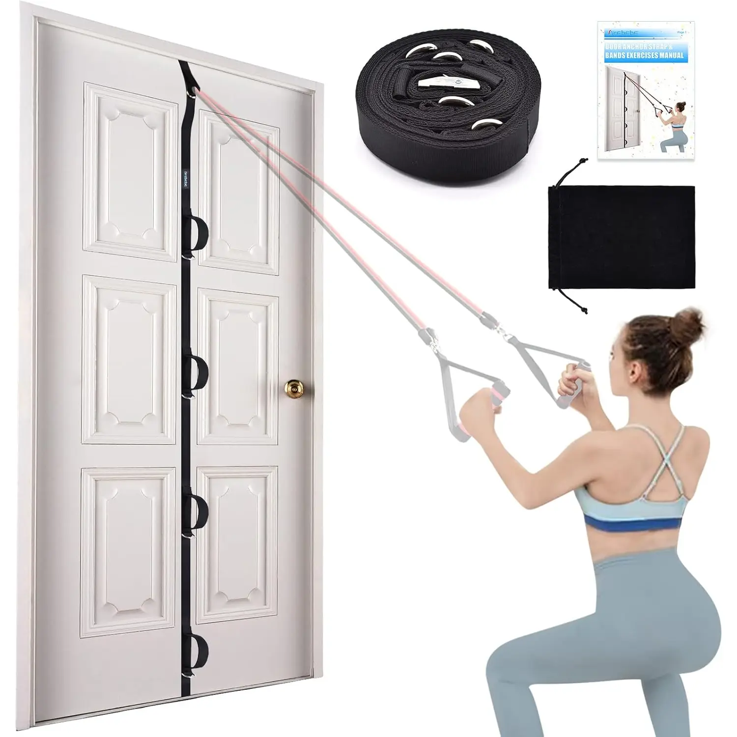 Door Anchor Strap for Resistance Bands Exercises, Multi Point Anchor Gym Attachment for Home Fitness, Portable Door Band Resistance Workout Equipment, Easy to Install, Punch-Free, -Free