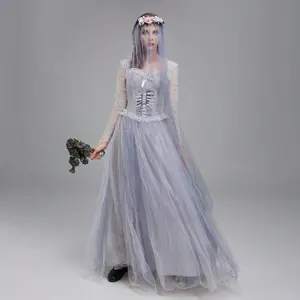 Women Halloween Dead Bride Costume Ghost Corpse Bride Corset Dress And Veil Floral Headband Set For Cosplay Outfits