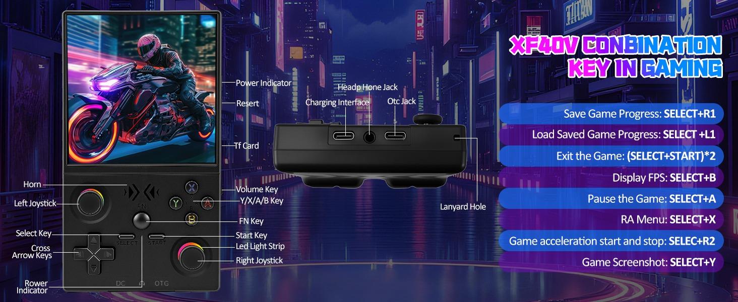 XF40V Retro Handheld Game Console with 2*Detachable Long Joysticks, 4.0-Inch HD IPS Screen Retro Gaming Console, Preloaded Classic Games with Multiple Emulator, Pocket Video Gaming