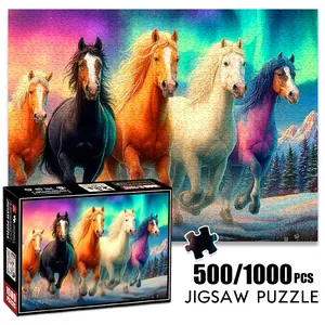 1pc 1000 piece adult puzzle 70x50cm Group of Running Horses with Aurora and Mountains in Background 500 pieces of paper jigsaw puzzle, suitable for adults and families, large-scale DIY puzzle inter
