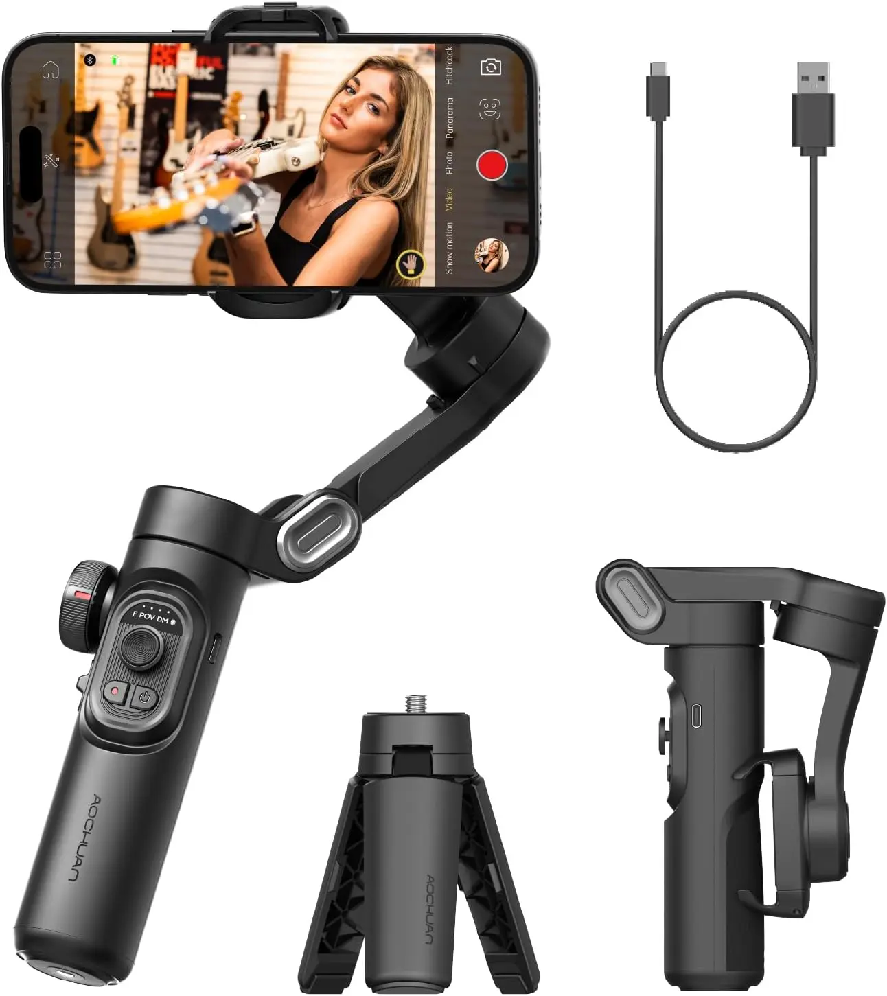 AOCHUAN Smart XE 3-Axis Gimbal Stabilizer for iPhone&Android,Foldable Selfie Smartphone Adjustable Button Cable Camera Compact Wheel