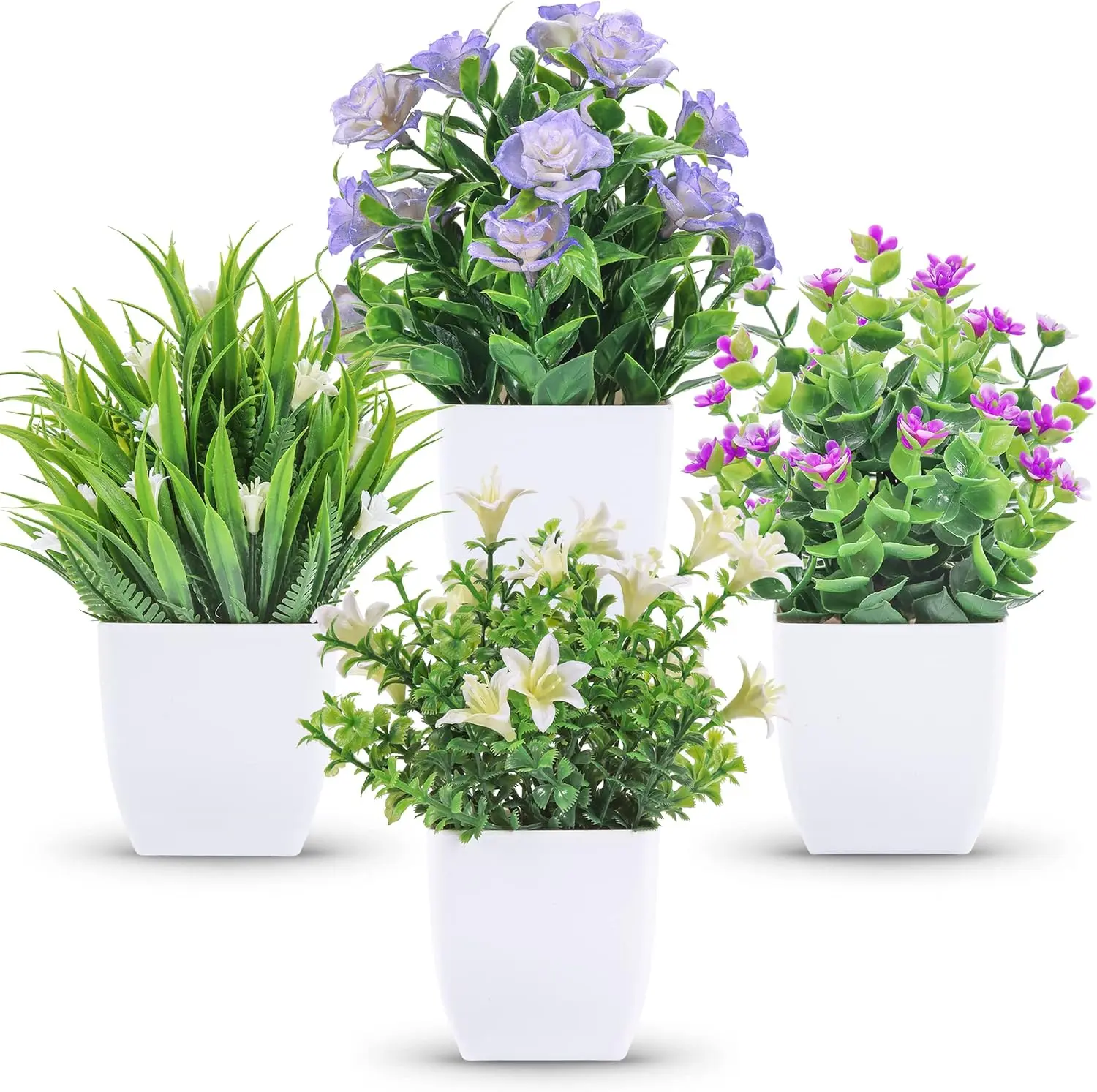 Der Rose 4 Pack Small Fake Plants with Flowers, Artificial Flowers for Home Decor, Mini Faux Plants for Bathroom Desk Shelf Kitchen Office, UV-Resistant Spring Floral Decor, Farmhouse Classroom Decorations