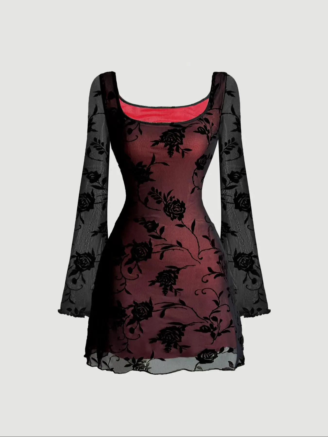 Women's Floral Print Contrast Mesh Lettuce Trim Flounce Long Sleeve Dress, Y2k Fashion Casual Square Neck A Line Short Dress for Daily Outdoor Wear, Women Dress for Summer, Casual Dresses, Casual Fashionable Dress, Womenswear
