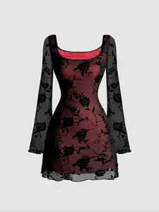 Women's Floral Print Contrast Mesh Lettuce Trim Flounce Long Sleeve Dress, Y2k Fashion Casual Square Neck A Line Short Dress for Daily Outdoor Wear, Women Dress for Summer, Casual Dresses, Womenswear