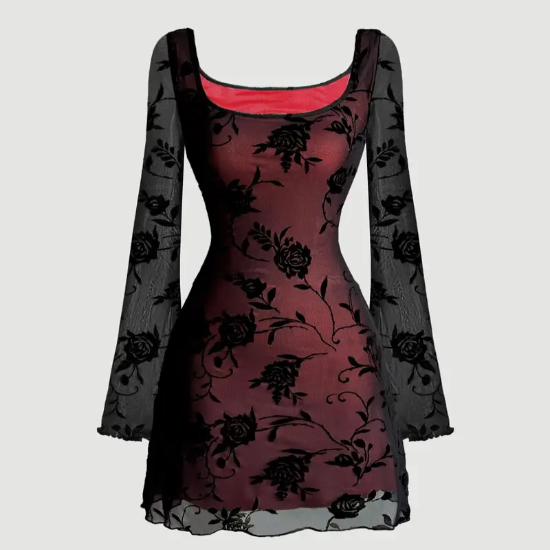 Women's Floral Print Contrast Mesh Lettuce Trim Flounce Long Sleeve Dress, Y2k Fashion Casual Square Neck A Line Short Dress for Daily Outdoor Wear, Women Dress for Summer, Casual Dresses, Casual Fashionable Dress, Womenswear