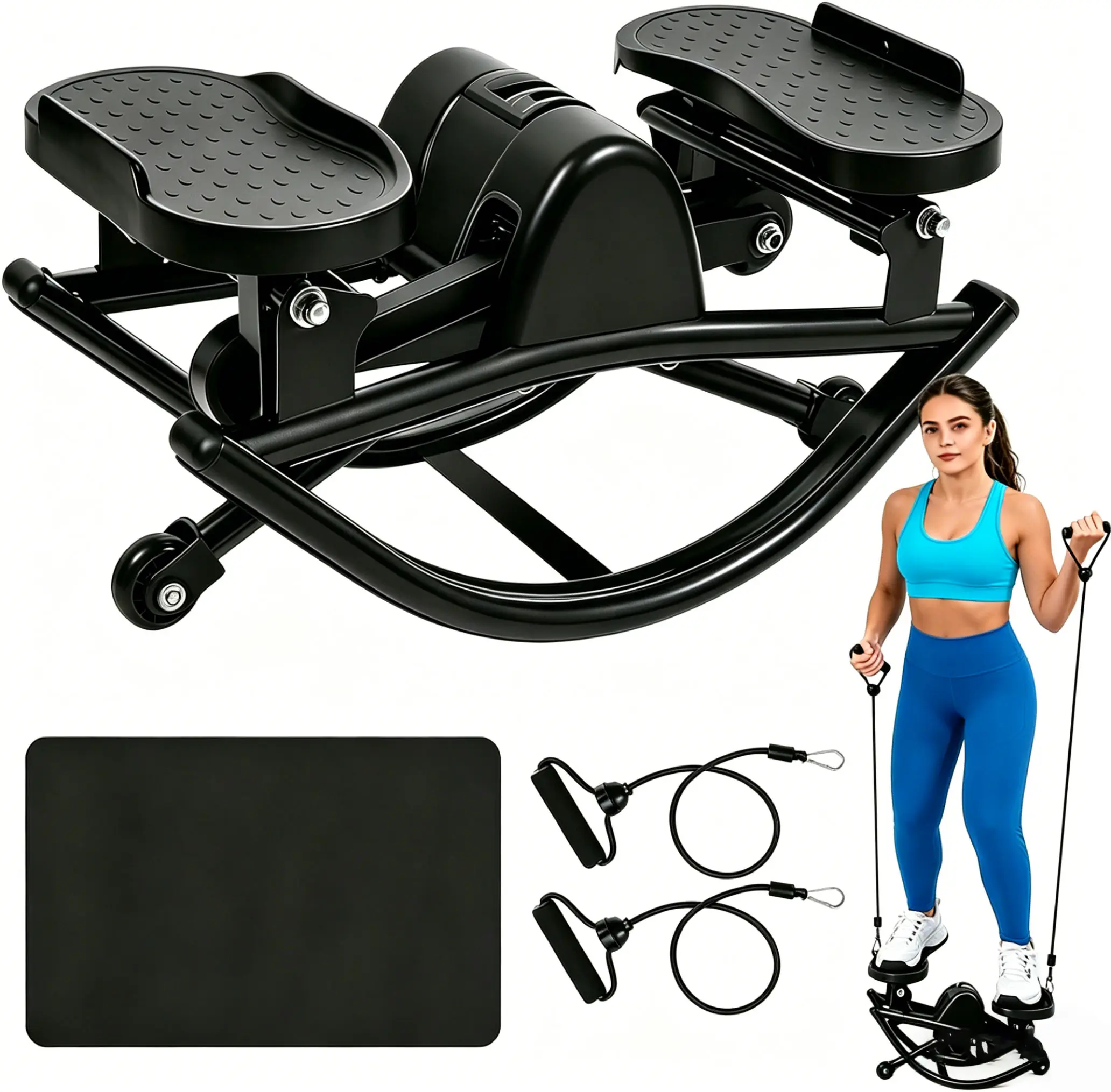wetough Rocking Cardio Stepper with Resistance Bands & LCD Monitor, Portable Steel Frame for Low-Impact Home Fitness, 350 LBS Capacity, Home Fitness Equipment