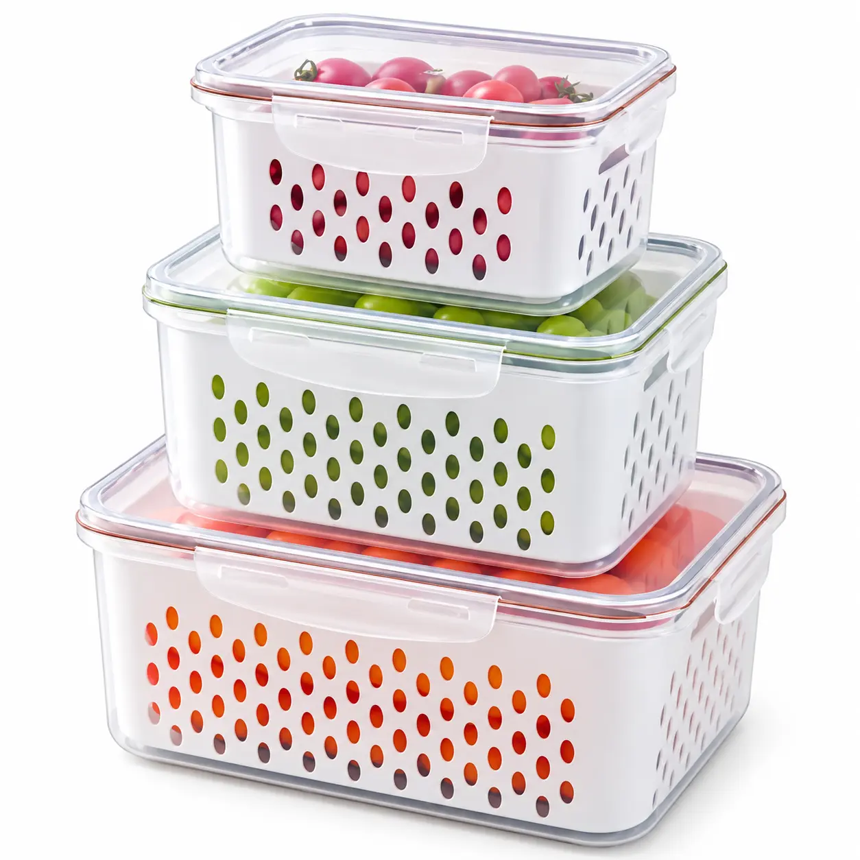3-Pack Stackable Refrigerator Storage Containers with Lids, Ventilated Produce Saver Bins for Fruits & Vegetables, 850ml/1750ml/3300ml Kitchen Fridge Organizer Set