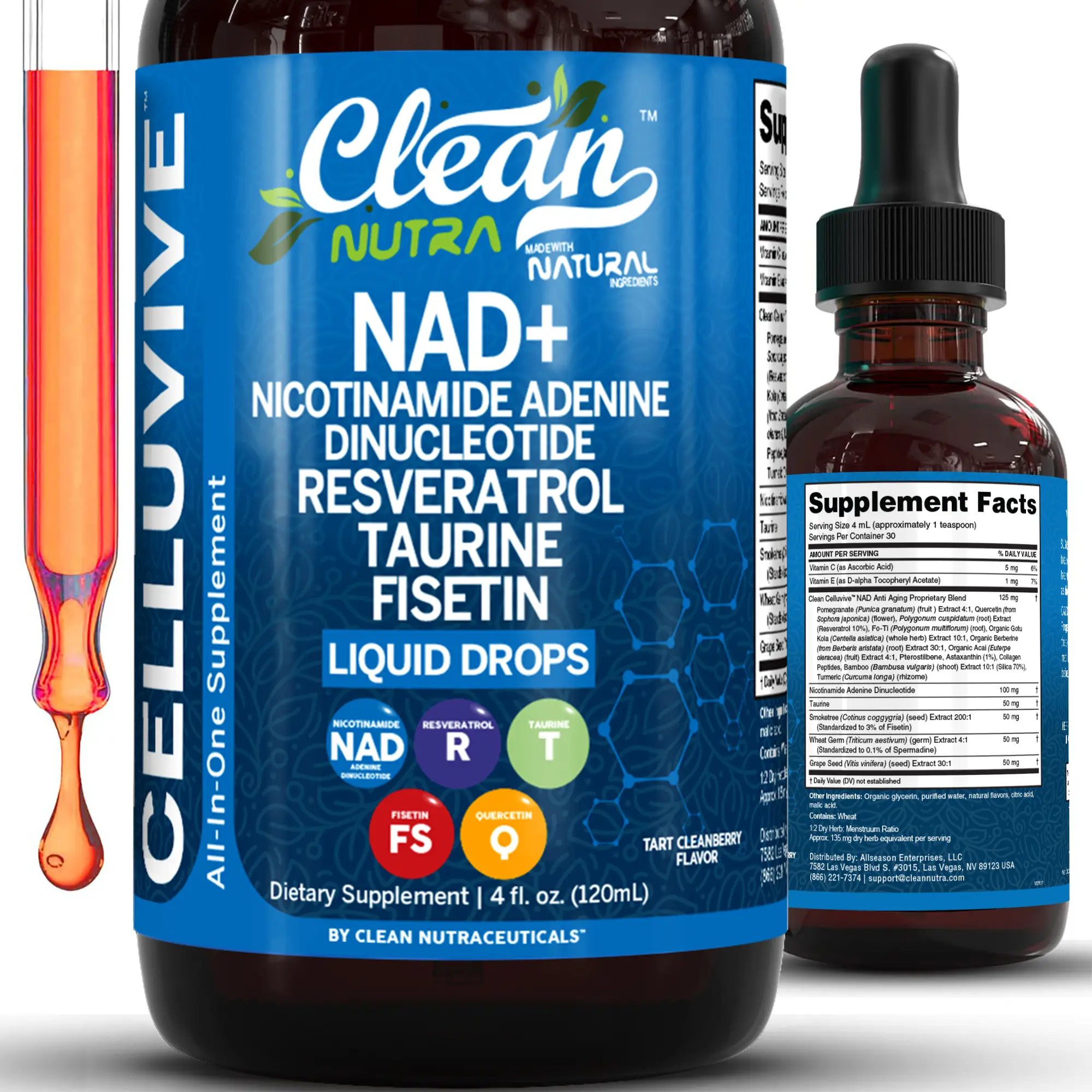 Clean Nutra Celluvive NAD+ Drops – NAD Resveratrol Taurine Fisten Wheat Germ Turmeric Vitamin C & E for Cellular Energy & Aging Longevity Supplement